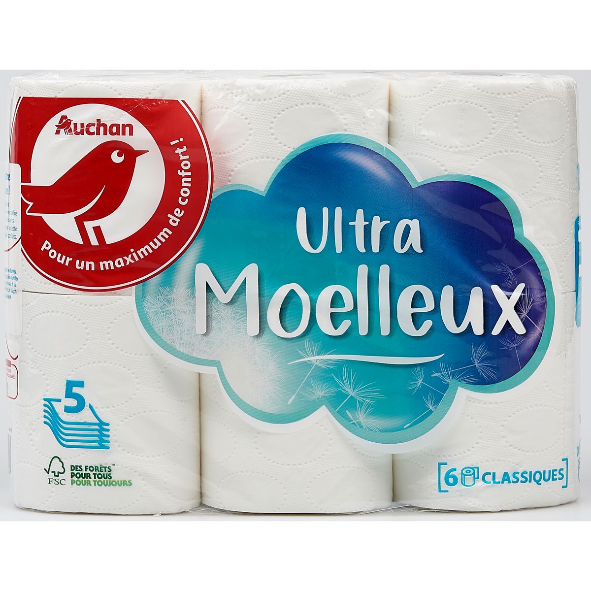 AUCHAN Papier toilette blanc ultra moelleux 5 épaisseurs 6 rouleaux pas  cher 