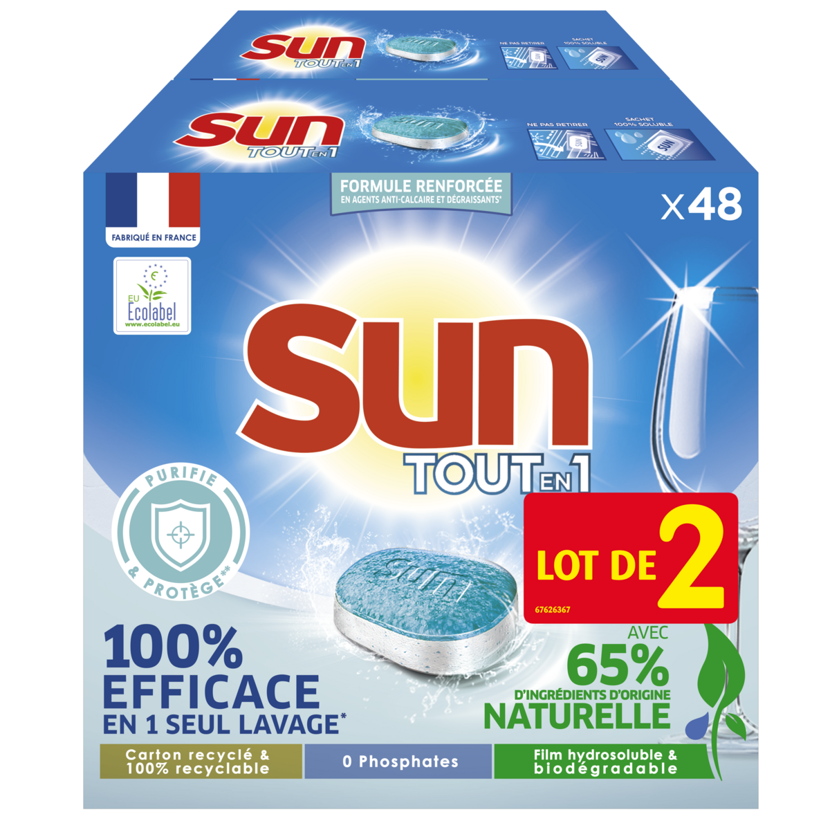 SUN Tablettes lave-vaisselle tout en 1 hygiène ecolabel x45 - Le