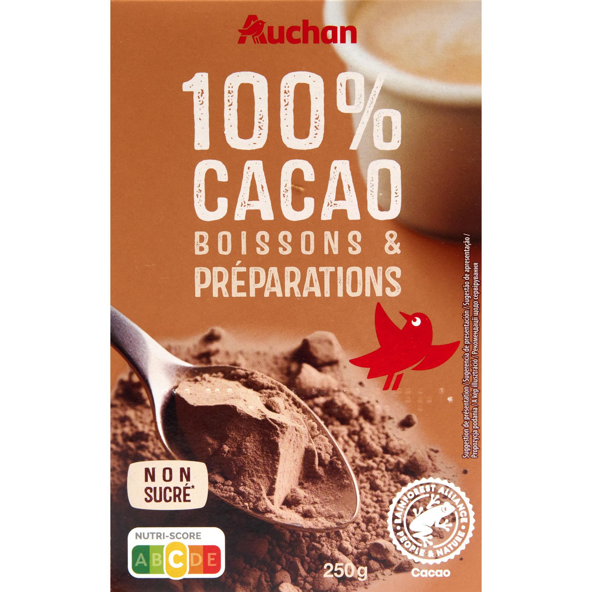 AUCHAN Chocolat en poudre 100% pur cacao non sucré 250g pas cher 