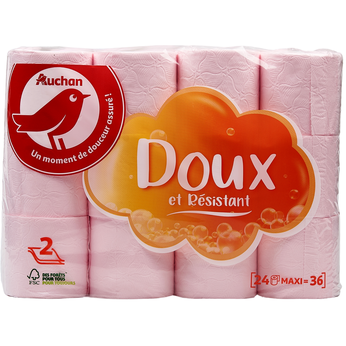 AUCHAN Papier toilette rose maxi doux & résistant 2 épaisseurs = 36 standards 24 rouleaux