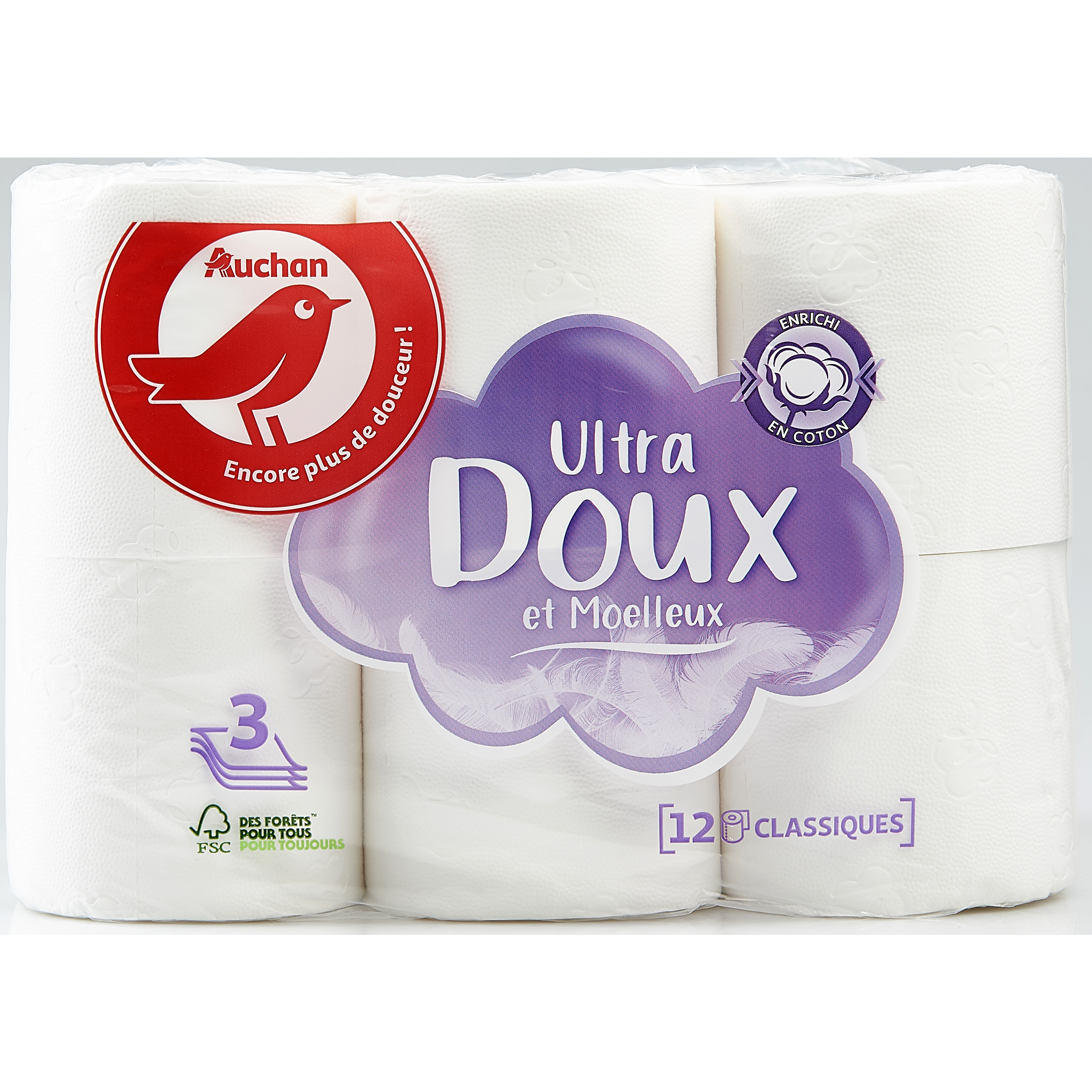 AUCHAN Papier toilette blanc ultra doux & moelleux 3 épaisseurs 12 rouleaux pas  cher 