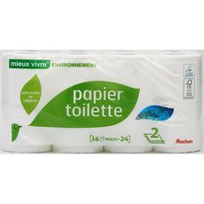 AUCHAN MIEUX VIVRE Papier toilette écologique blanc maxi 2 épaisseurs = 24 standards 16 rouleaux