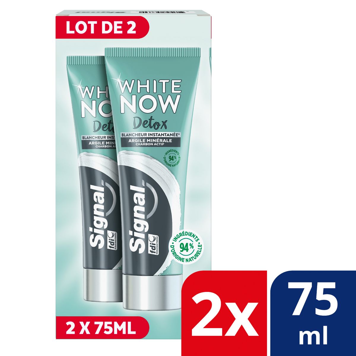 Signal White Now Dentifrice Détox Blancheur Argile Minérale Charbon Actif 2x75ml Pas Cher 