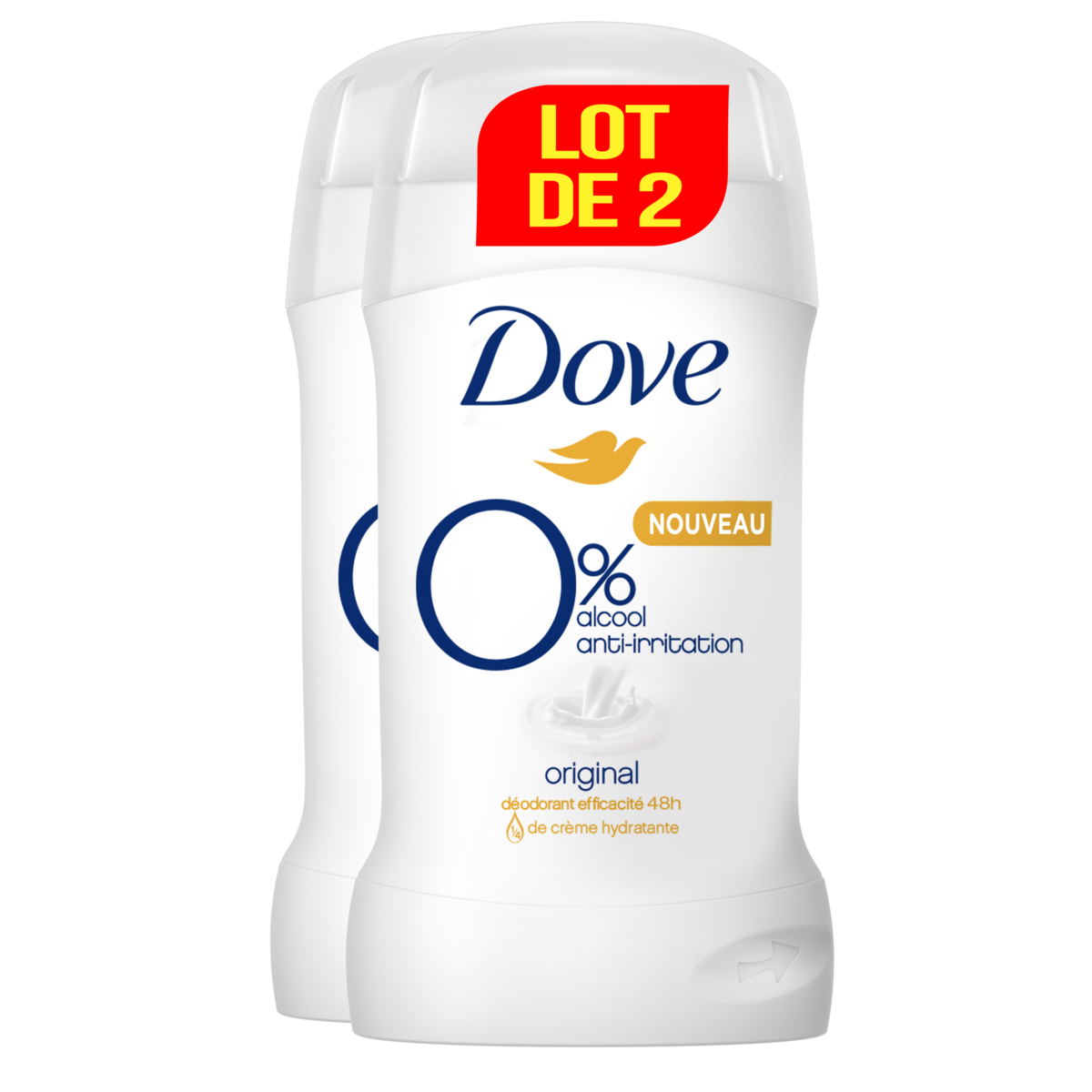DOVE Original Déodorant stick zéro% 48h anti-irritation 2 pièces  2x40ml
