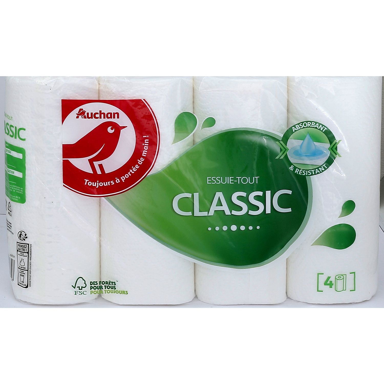 AUCHAN Essuie-tout blanc classic demi-feuille super absorbant 3 rouleaux  pas cher 