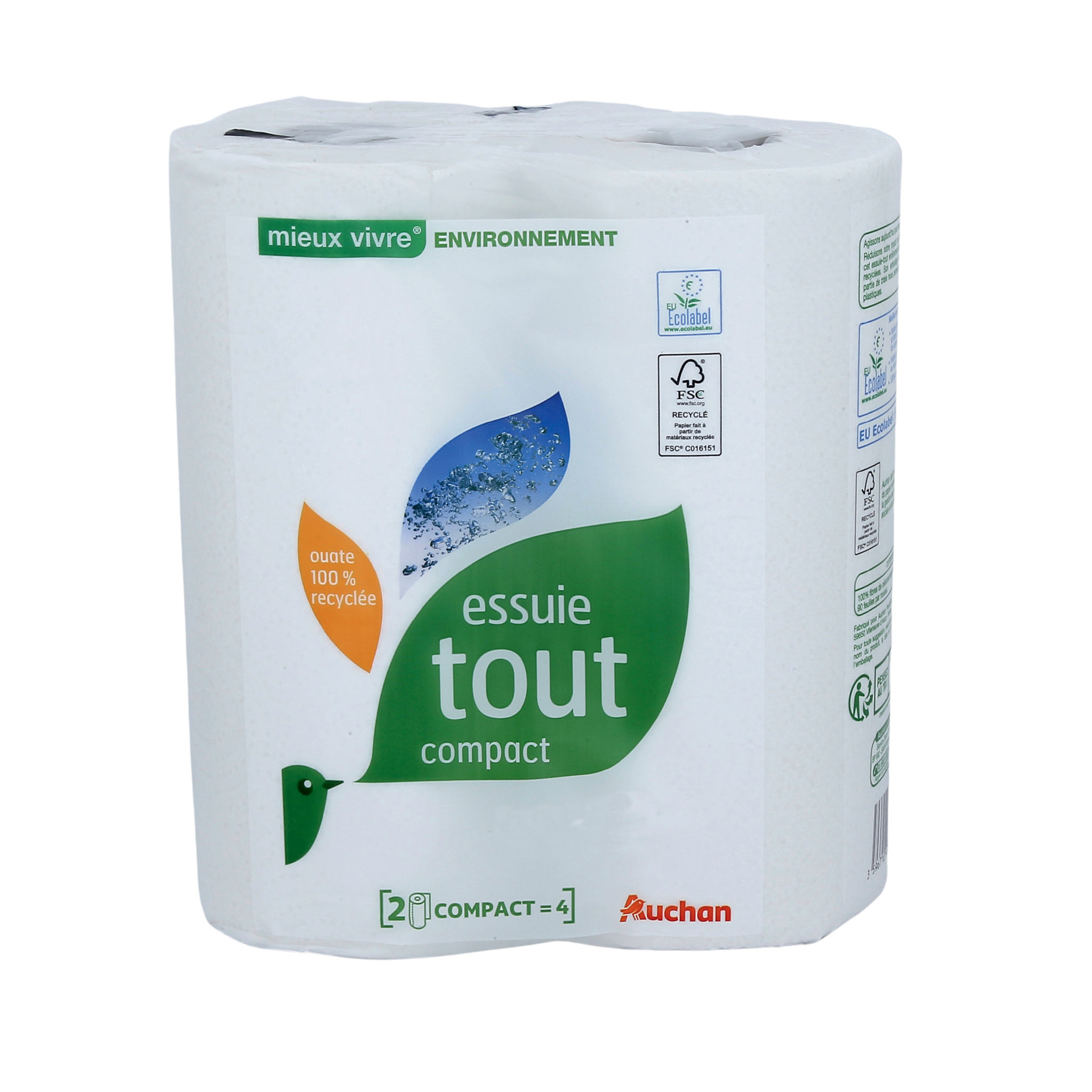 AUCHAN Essuie-tout bobine multi-usages 500 feuilles 1 rouleau pas cher 