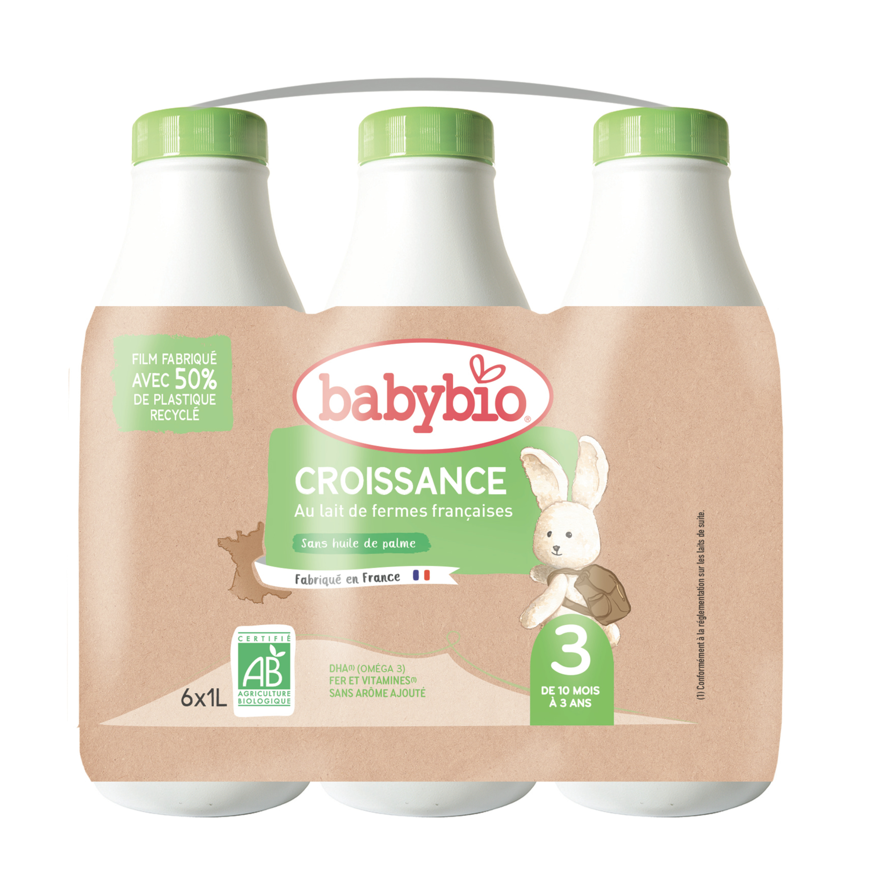 AUCHAN BABY BIO Lait de croissance liquide 3 dès 10 mois 6x1l pas cher 