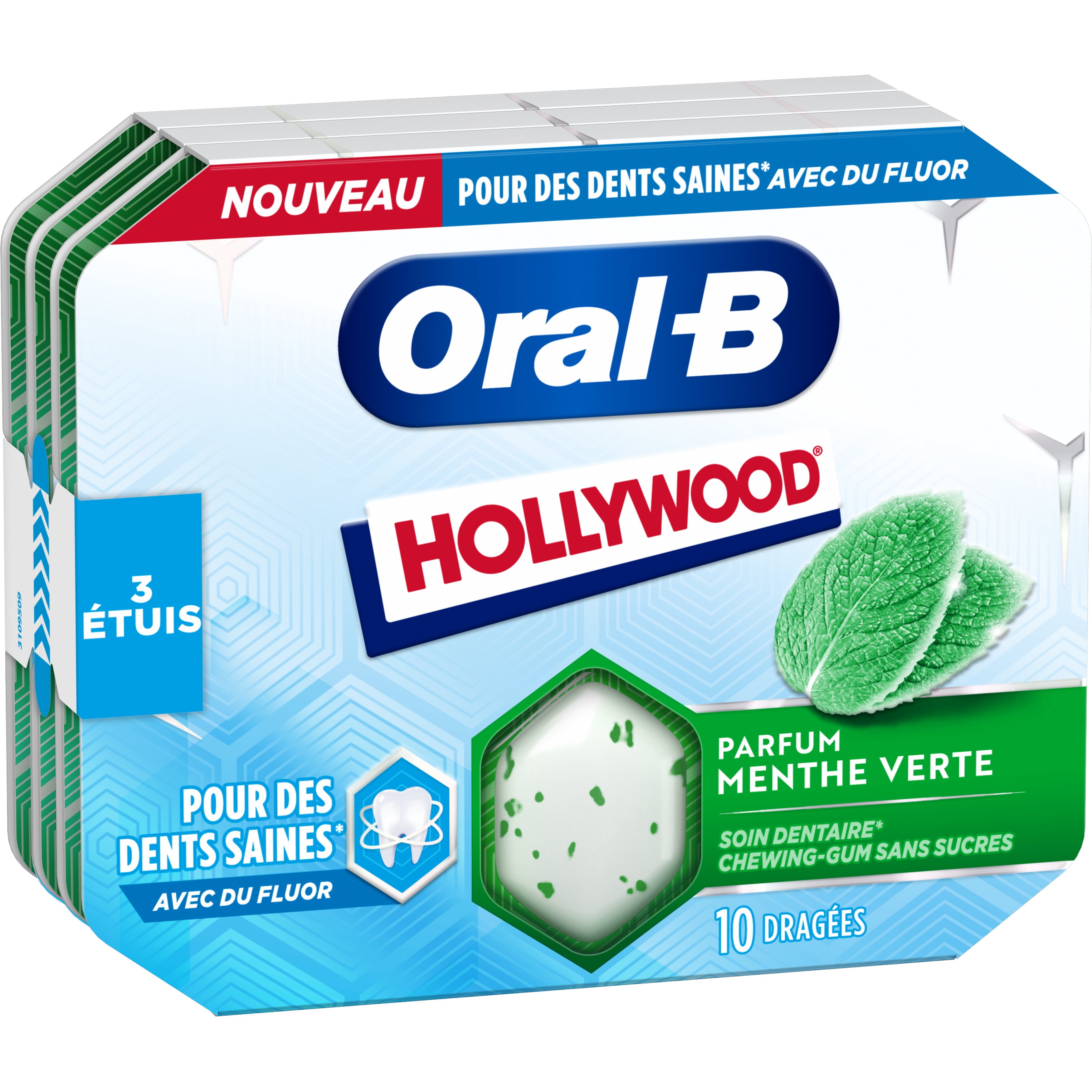 HOLLYWOOD Oral-B Chewing-gum menthe verte au fluor sans sucres 3x10 dragées  3x17g pas cher 