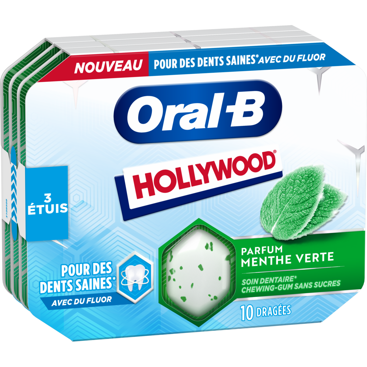 HOLLYWOOD Oral-B Chewing-gum menthe verte au fluor sans sucres 3x10 dragées  3x17g pas cher 