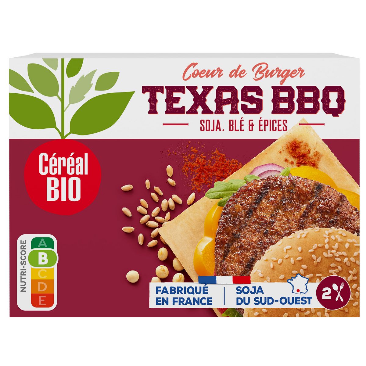 CÉRÉAL BIO Galette burger Texas BBQ soja blé et épices 2 pièces 160g