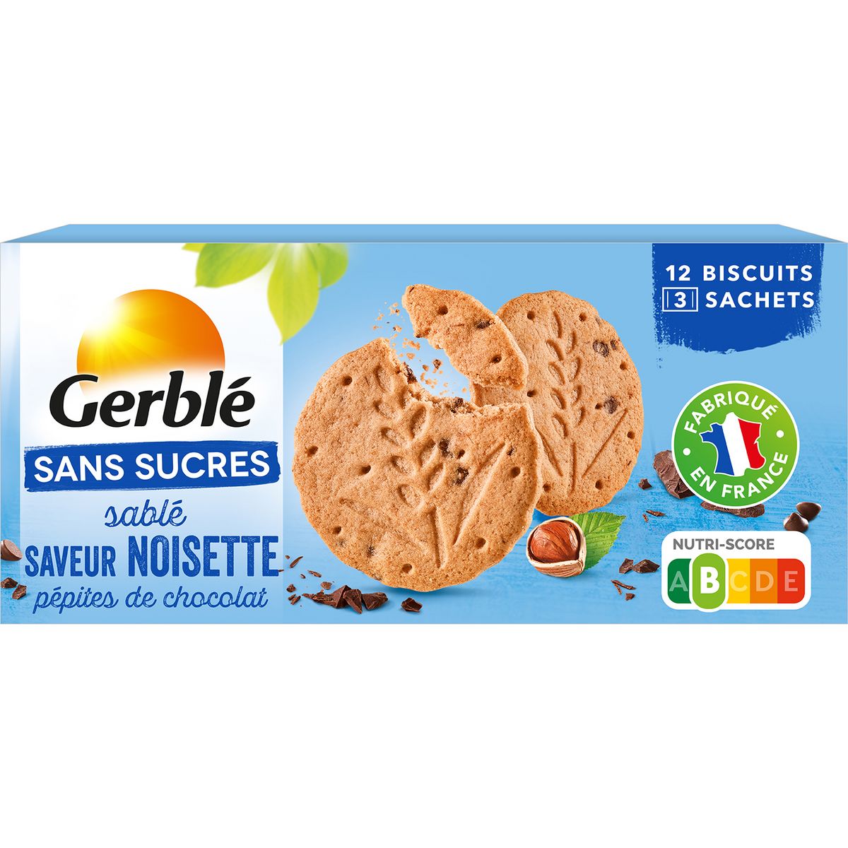 GERBLE Biscuits sablés saveur noisette avec pépites de chocolat sachets fraîcheur 3 sachets 132g