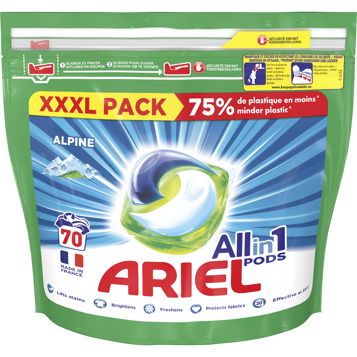 Ariel All-in-1 Pods Lessive Capsules 90 Lavages, Alpine, Efficacité  Exceptionnelle Contre Les Taches Dès Le 1er Lavage, Même A L’eau Froide