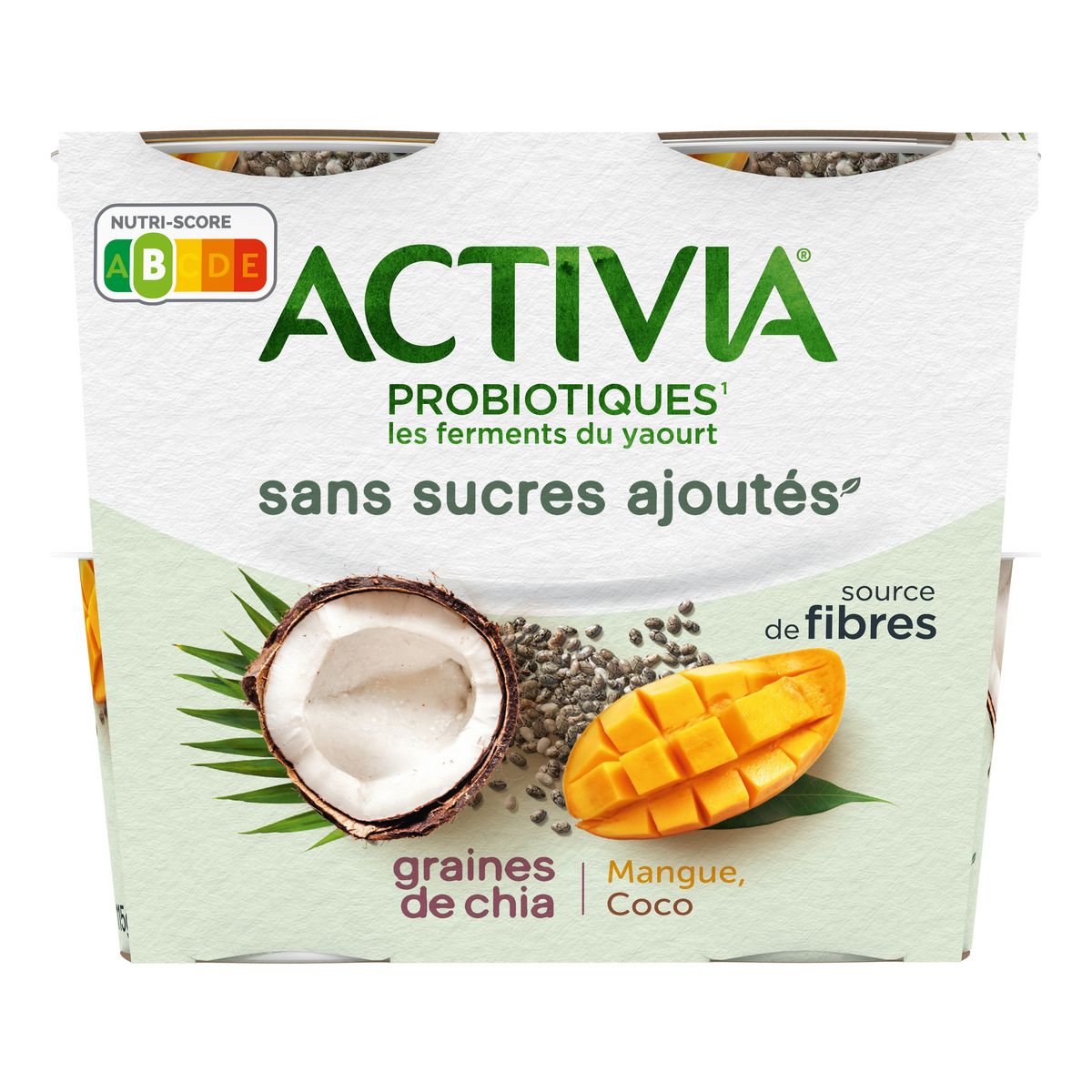 ACTIVIA Probiotiques - Yaourt au bifidus mangue coco et graines de chia sans sucres 4x115g