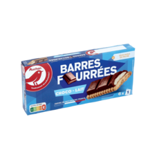 AUCHAN Barres fourrées biscuits au chocolat et lait sans huile de palme sachets individuels 6 biscuits 125g