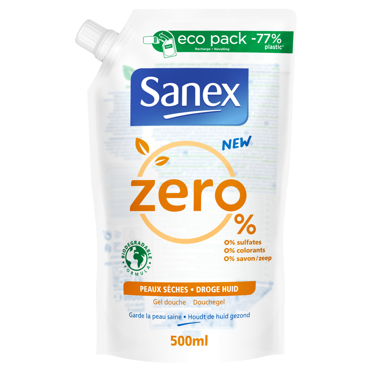 SANEX Zéro% Recharge gel douche peaux sèches 500ml pas cher 