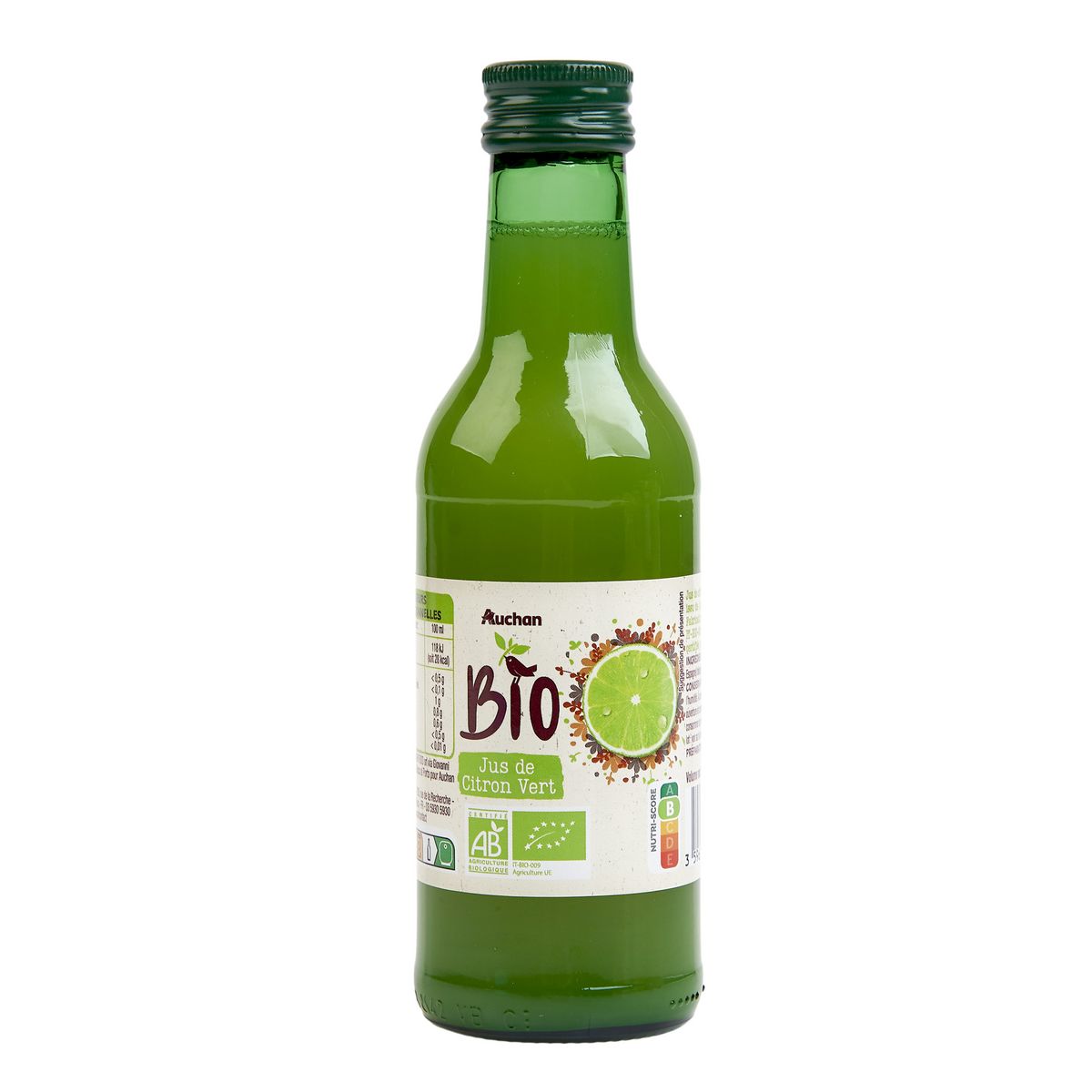 AUCHAN BIO Jus de citron vert bouteille en verre 250ml
