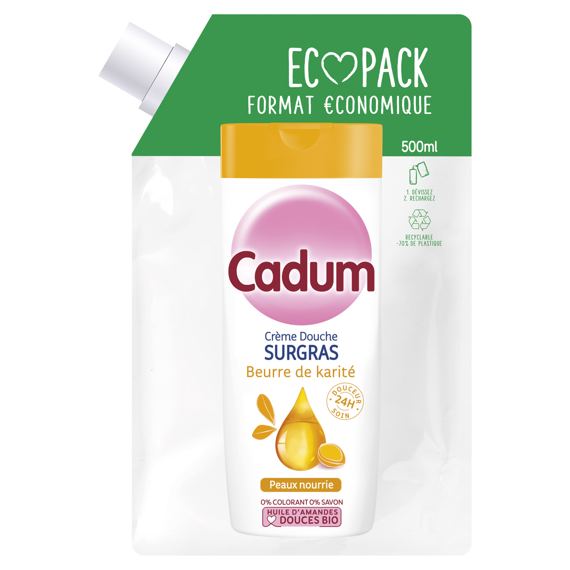 Cadum Crème Douche Eco Pack Surgras à l'huile d'amandes douces Bio et au  beurre de karité