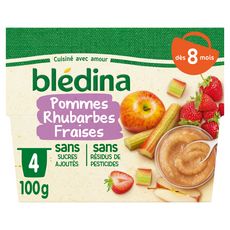 BLEDINA Petit pot dessert pomme rhubarbes et fraises dès 8 mois 4x100g
