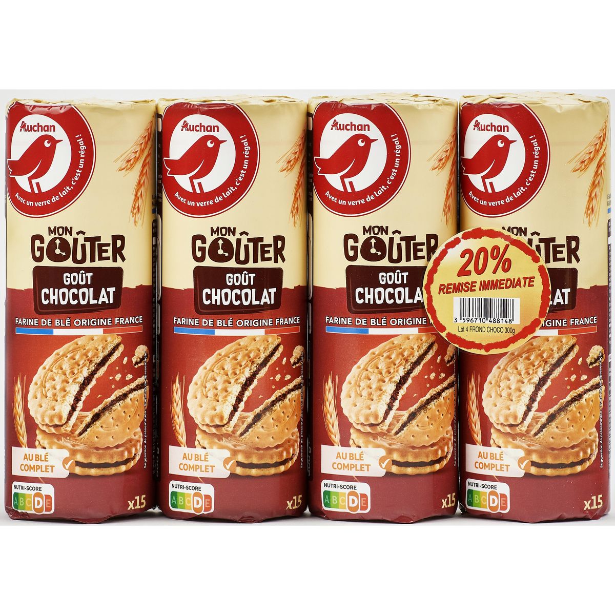 AUCHAN Biscuit fourré au chocolat sachets individuels 16 biscuits 300g pas  cher 