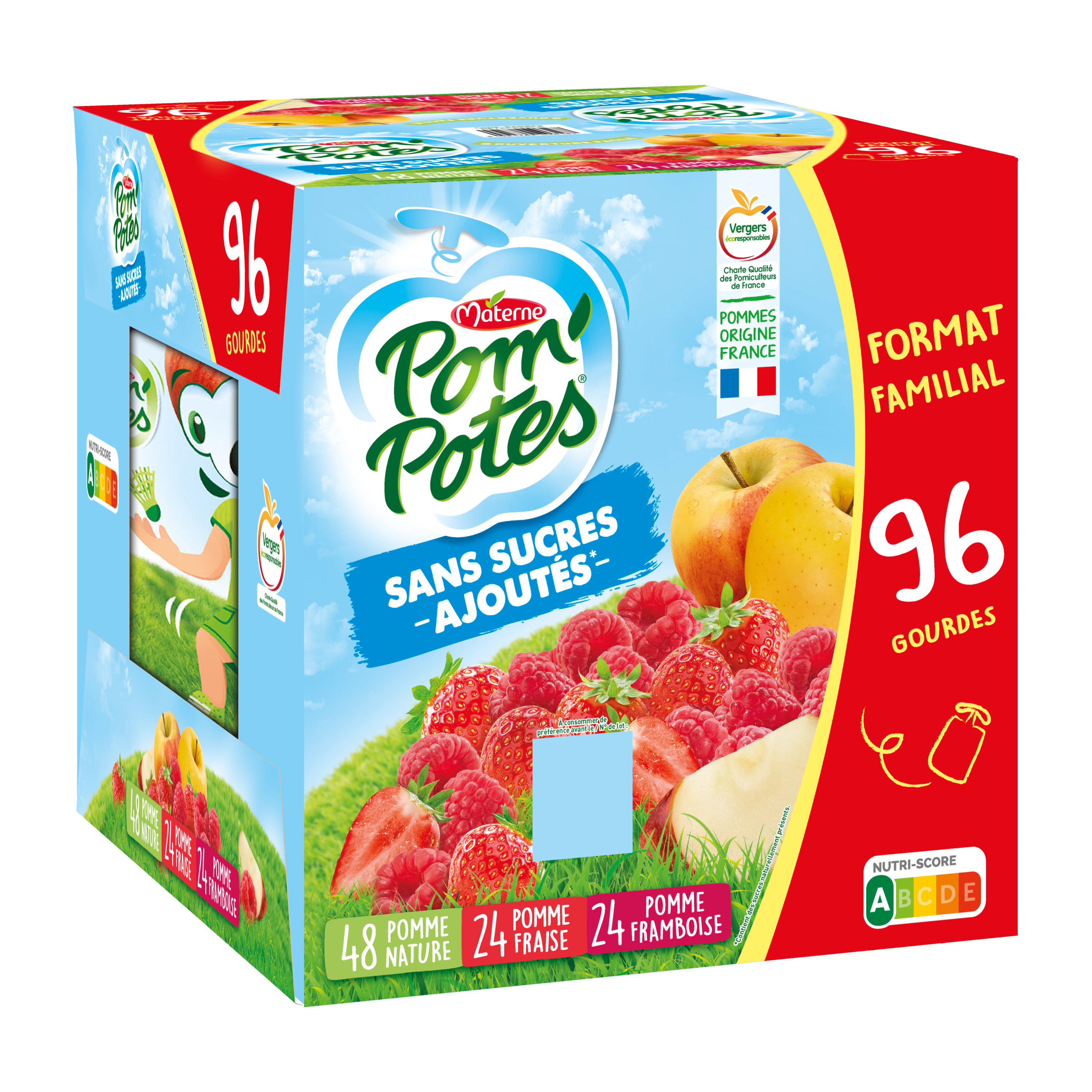 POM'POTES Gourde compote de pomme pomme fraise et pomme framboise sans  sucres ajoutés 64+32 offertes 96x90g pas cher 