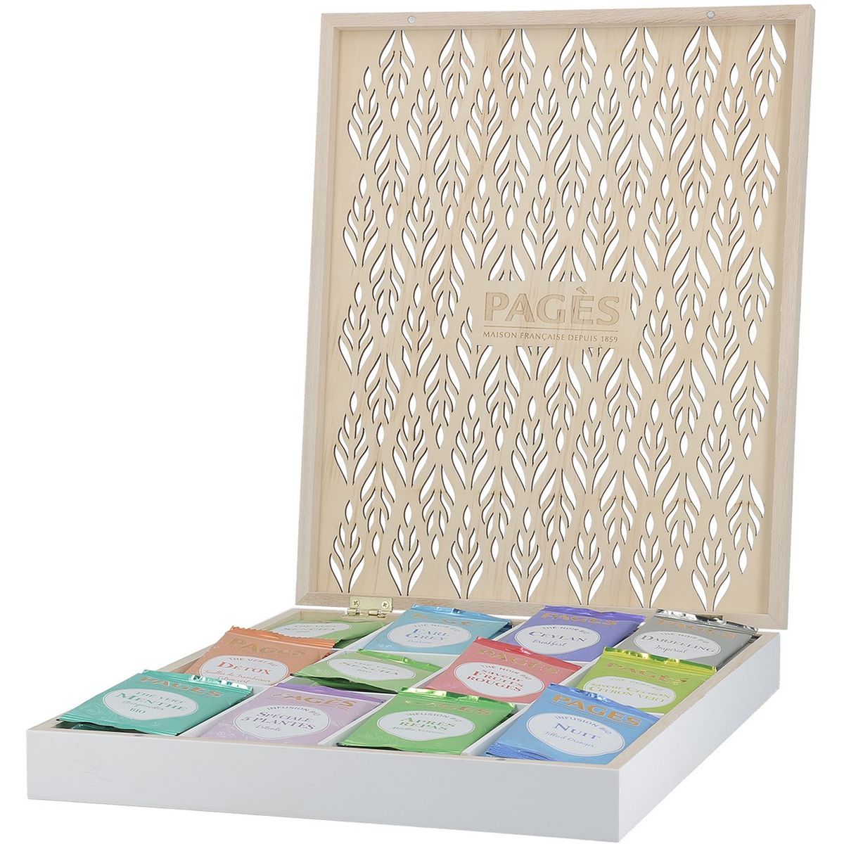 PAGES Coffret bois assortiment de thés et infusions bio 60 sachets 105g pas  cher 