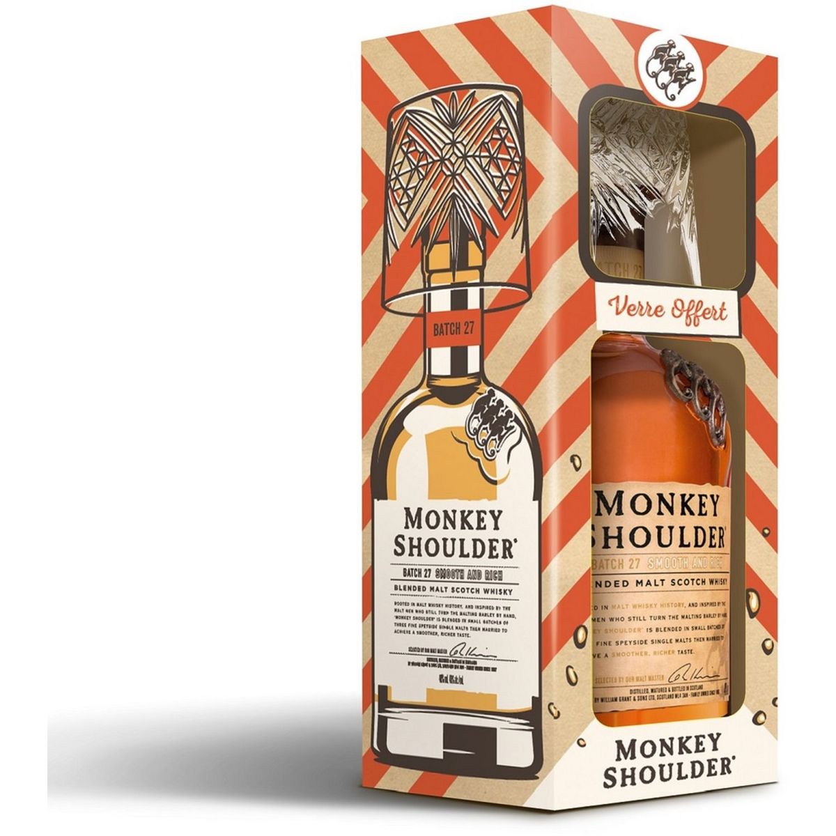 MONKEY SHOULDER Whisky blended malt 40% coffret avec 1 verre 70cl pas cher  