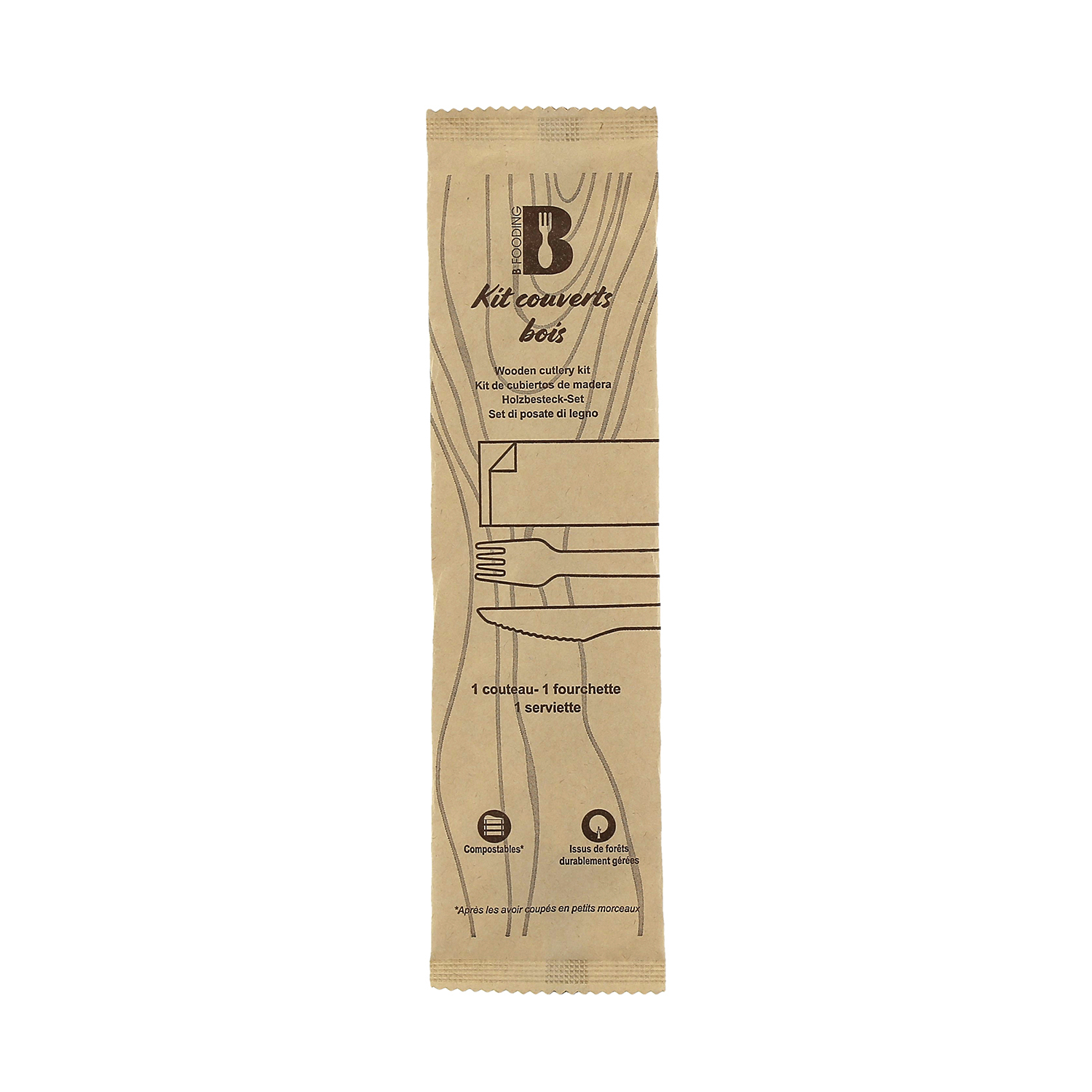 Kit couvert en bois biodégradable 3 en 1 (fourchette + couteau + serviette  1 pli) –