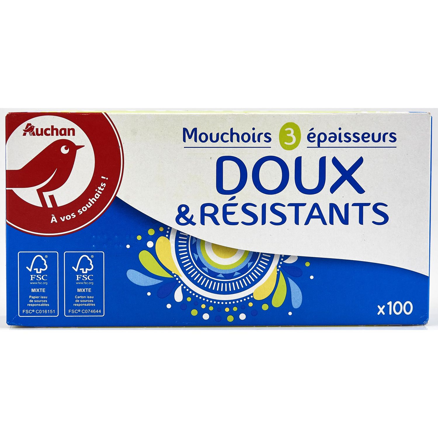 AUCHAN Boîte de mouchoirs doux et résistants 3 épaisseurs 150