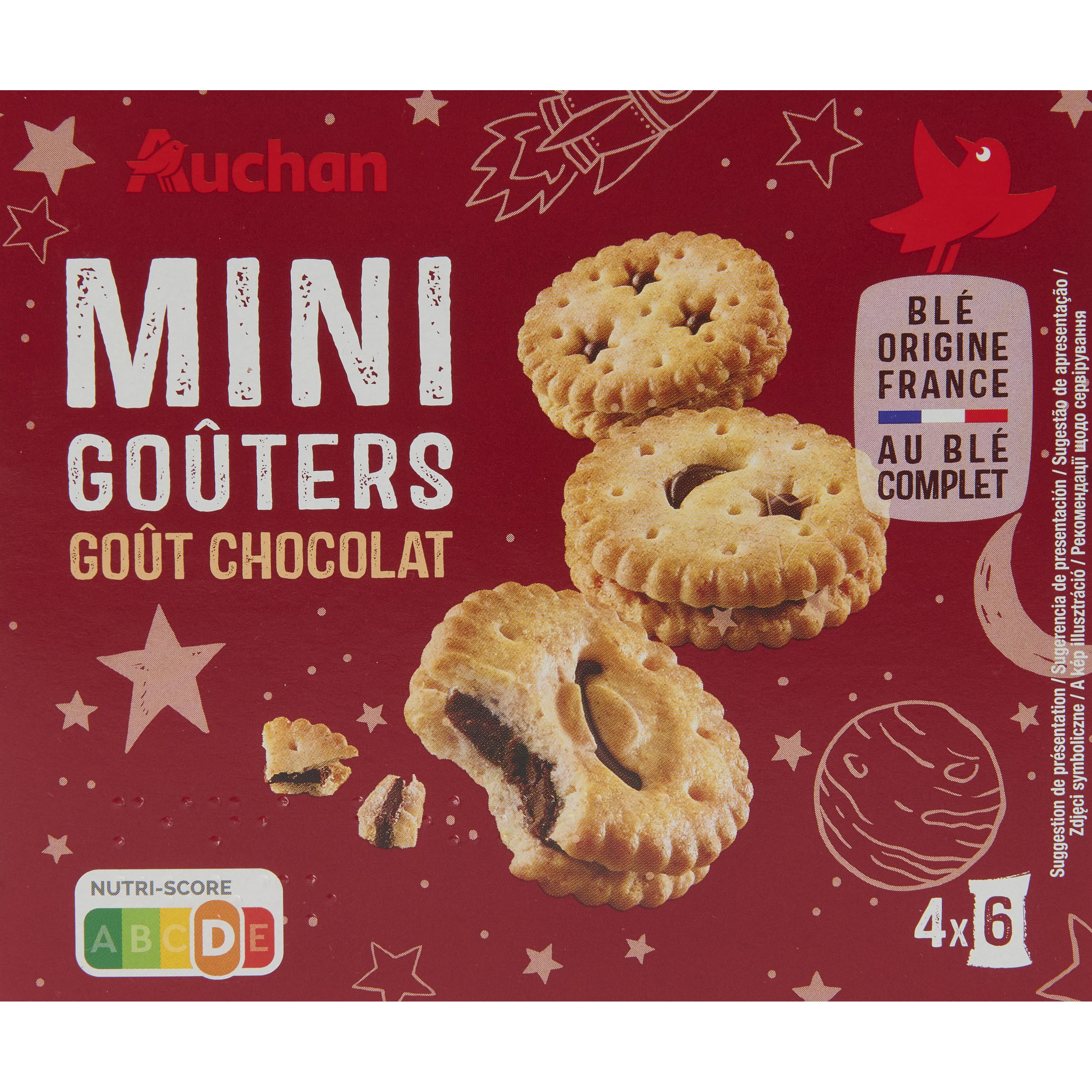 AUCHAN Mini goûters biscuits fourrés au chocolat sachets fraîcheur