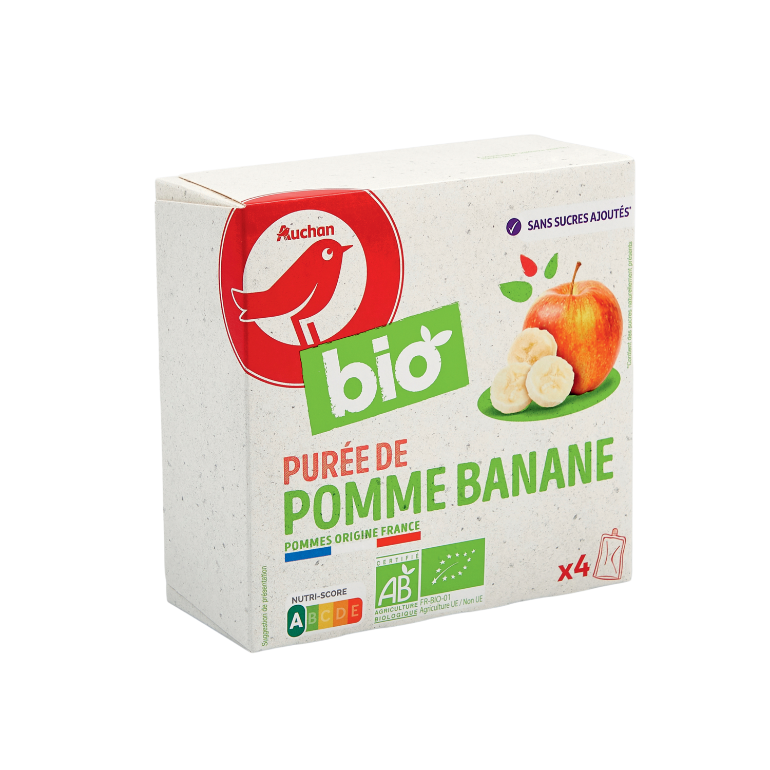 AUCHAN BABY BIO Gourde purée de fruits à la pomme bio dès 6 mois 4x90g pas  cher 