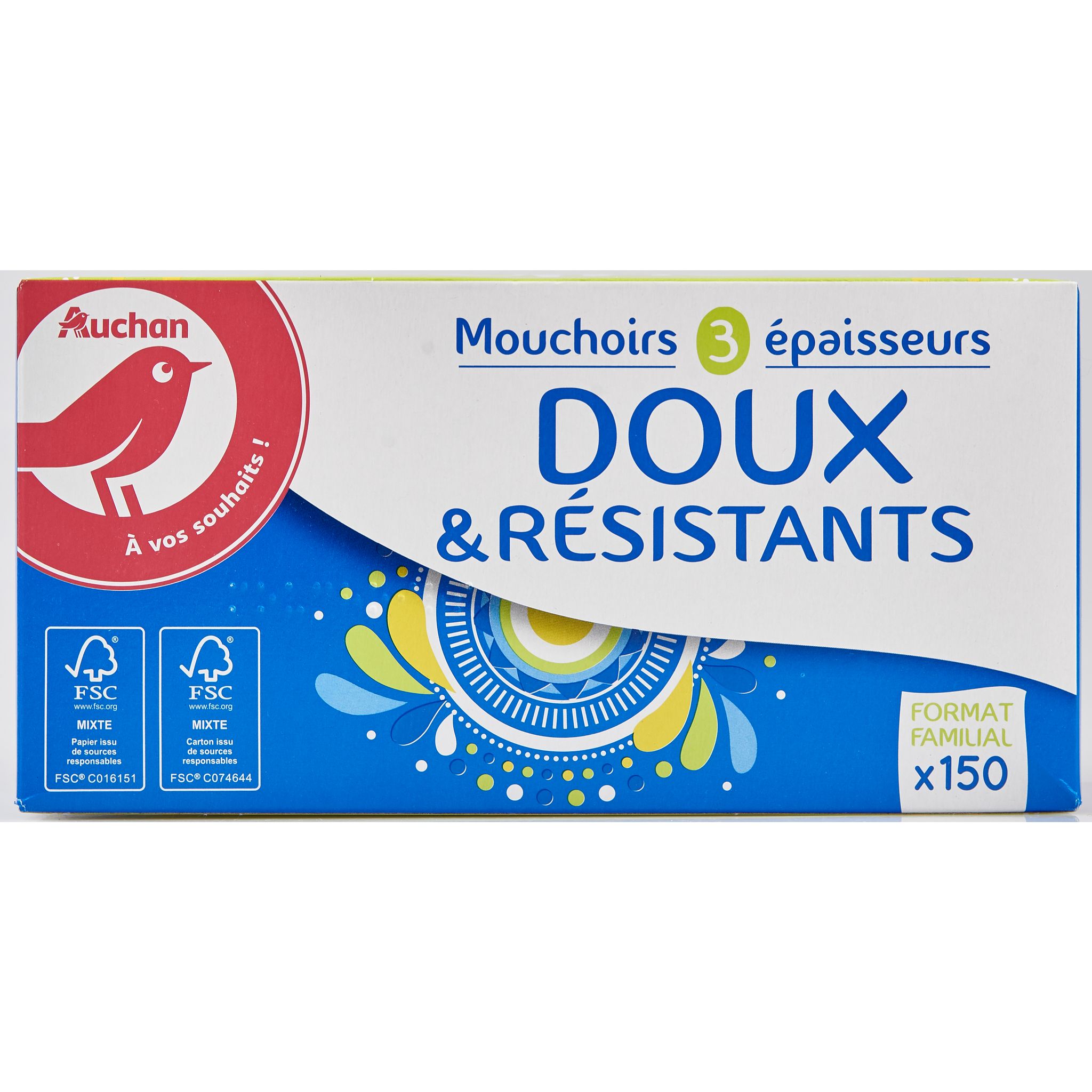 AUCHAN Boîte de mouchoirs doux et résistants 3 épaisseurs 150 mouchoirs pas  cher 