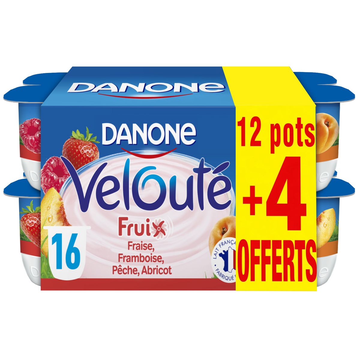 DANONE Velouté Fruix yaourt brassé sucré fraise framboise pêche et abricot 12+4 offerts 16x125g