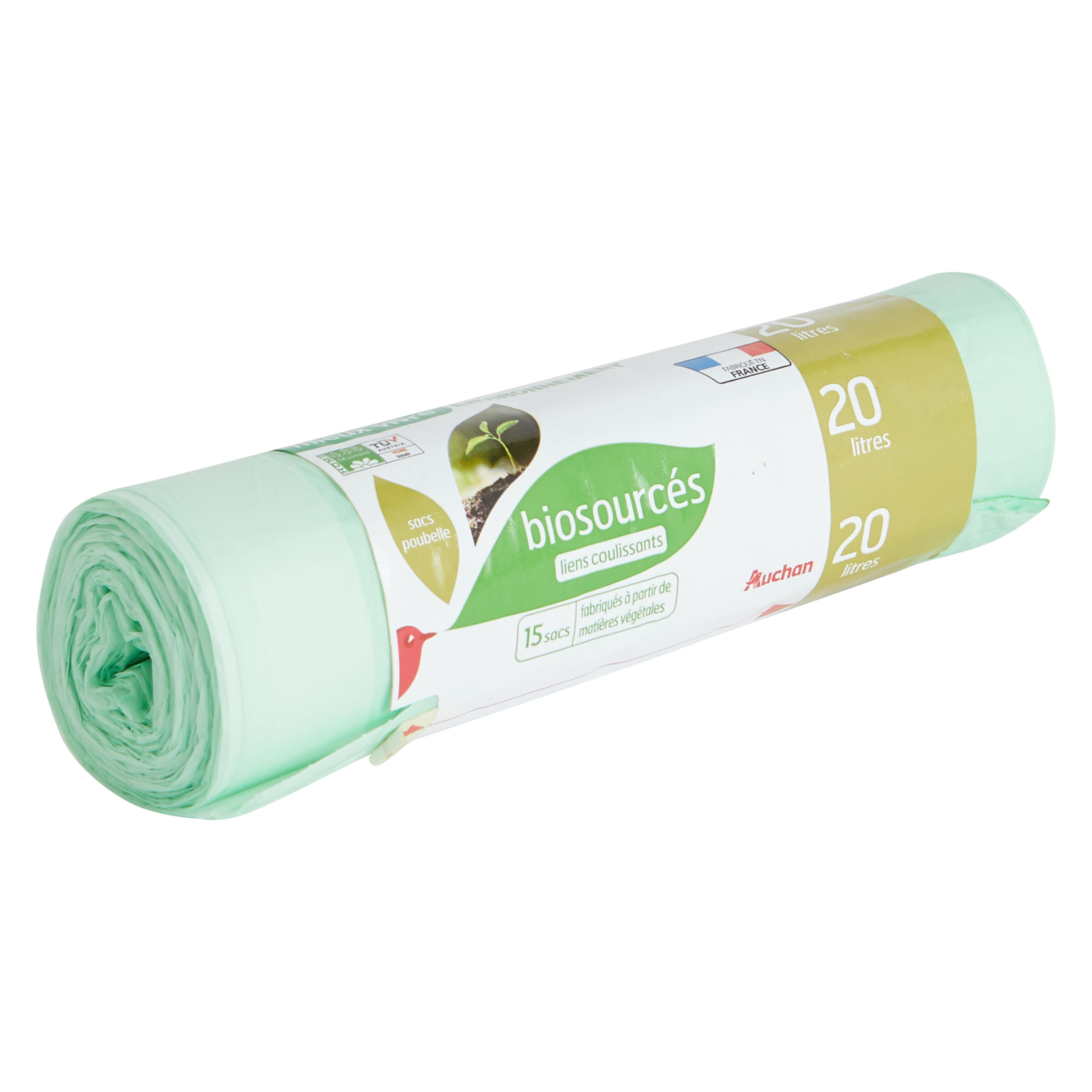 AUCHAN Sacs poubelle compostables liens détachables 20l 15 sacs