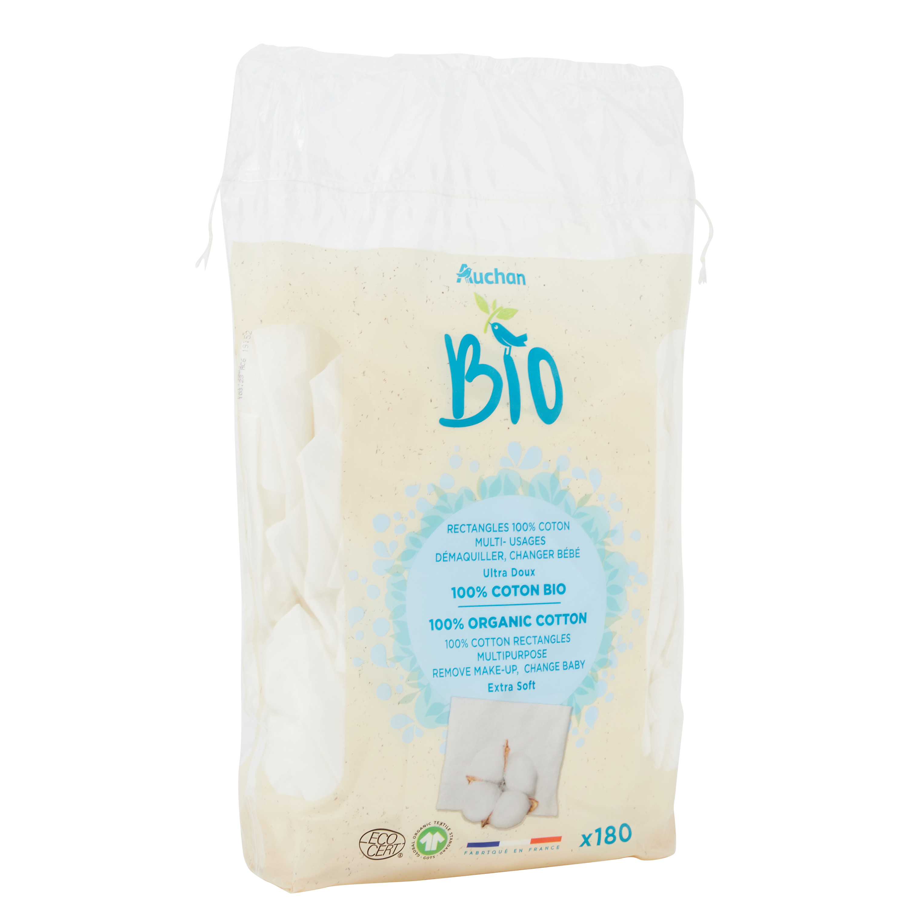 AUCHAN BIO Rectangles de coton multi usage ultra doux 180 pièces