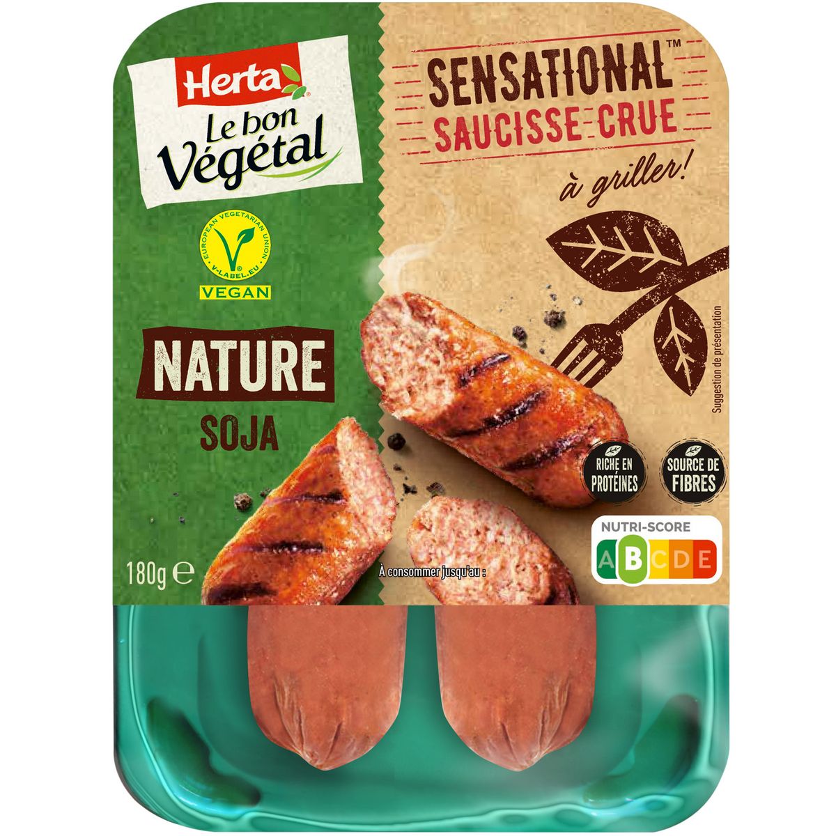 HERTA Le bon végétal saucisses crues nature 2 saucisses 180g
