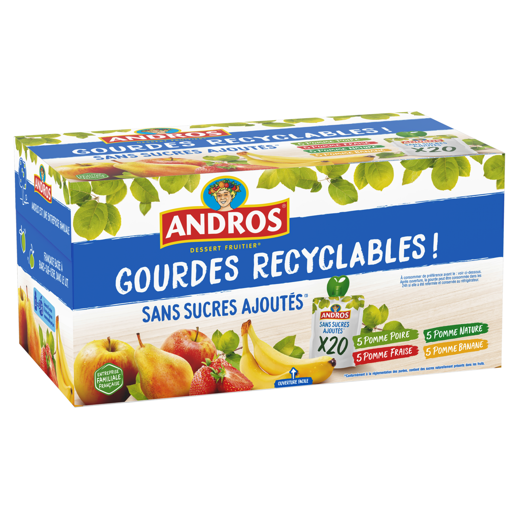 48 Gourdes Recyclables de Compotes de Pommes Andros 48 x 90 G