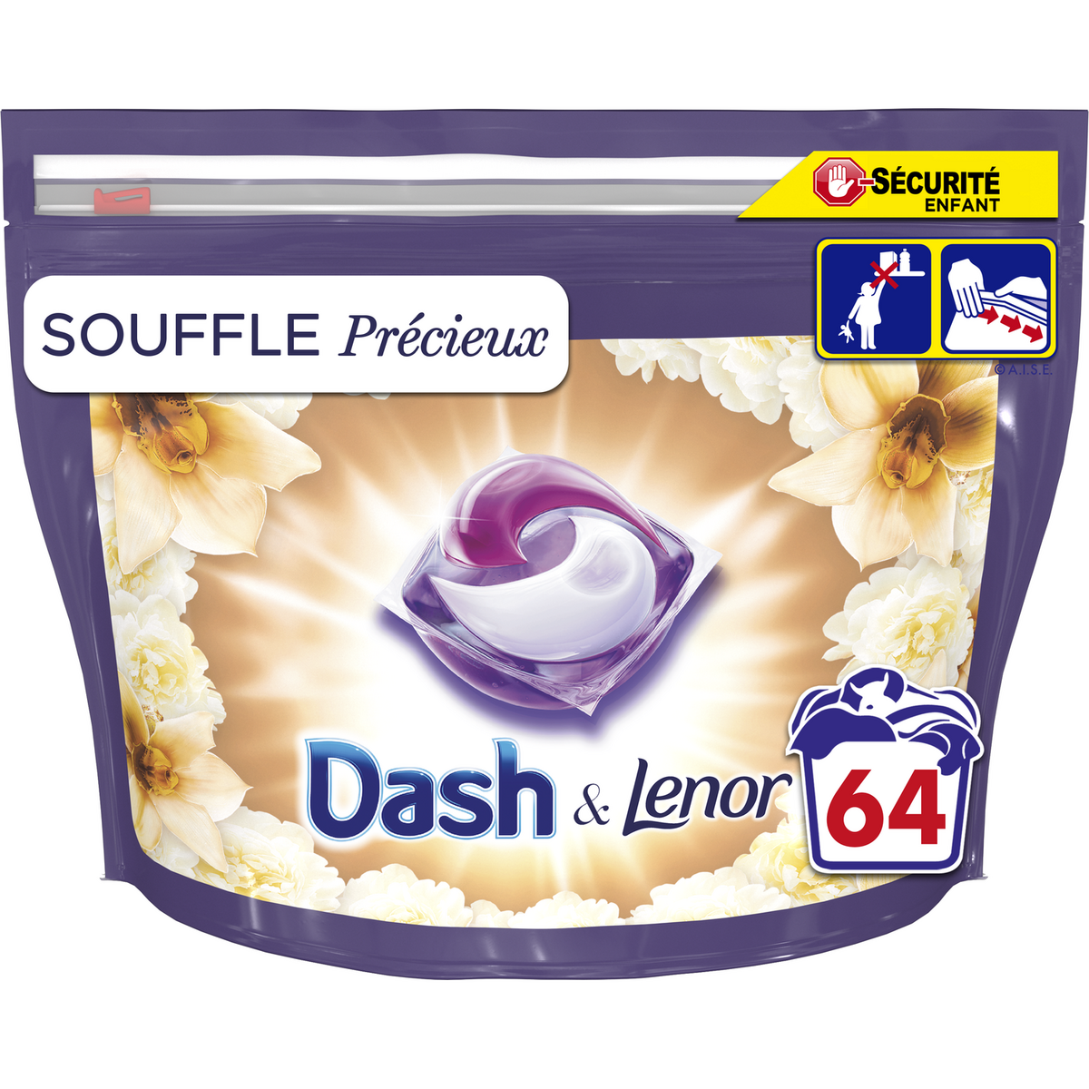 DASH Dash & Lenor Souffle Précieux Lessive en capsules 64 lavages 1,6kg  dont 50% Offert pas cher 