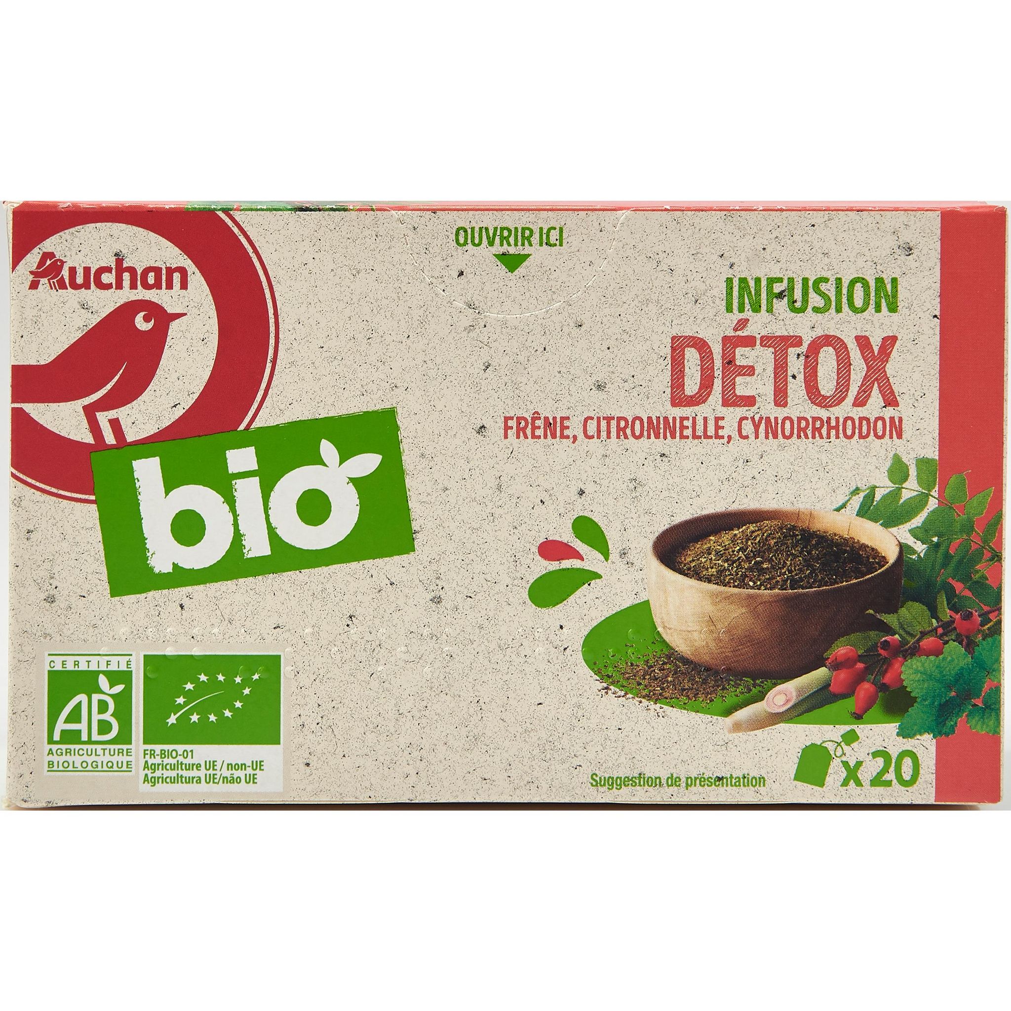 AUCHAN BIO Infusion détox frêne citronnelle cynorrhodon 20 sachets