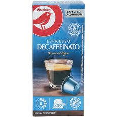 AUCHAN Capsules de café Espresso décaféiné intensité 6 compatibles Nespresso 10 capsules 52g