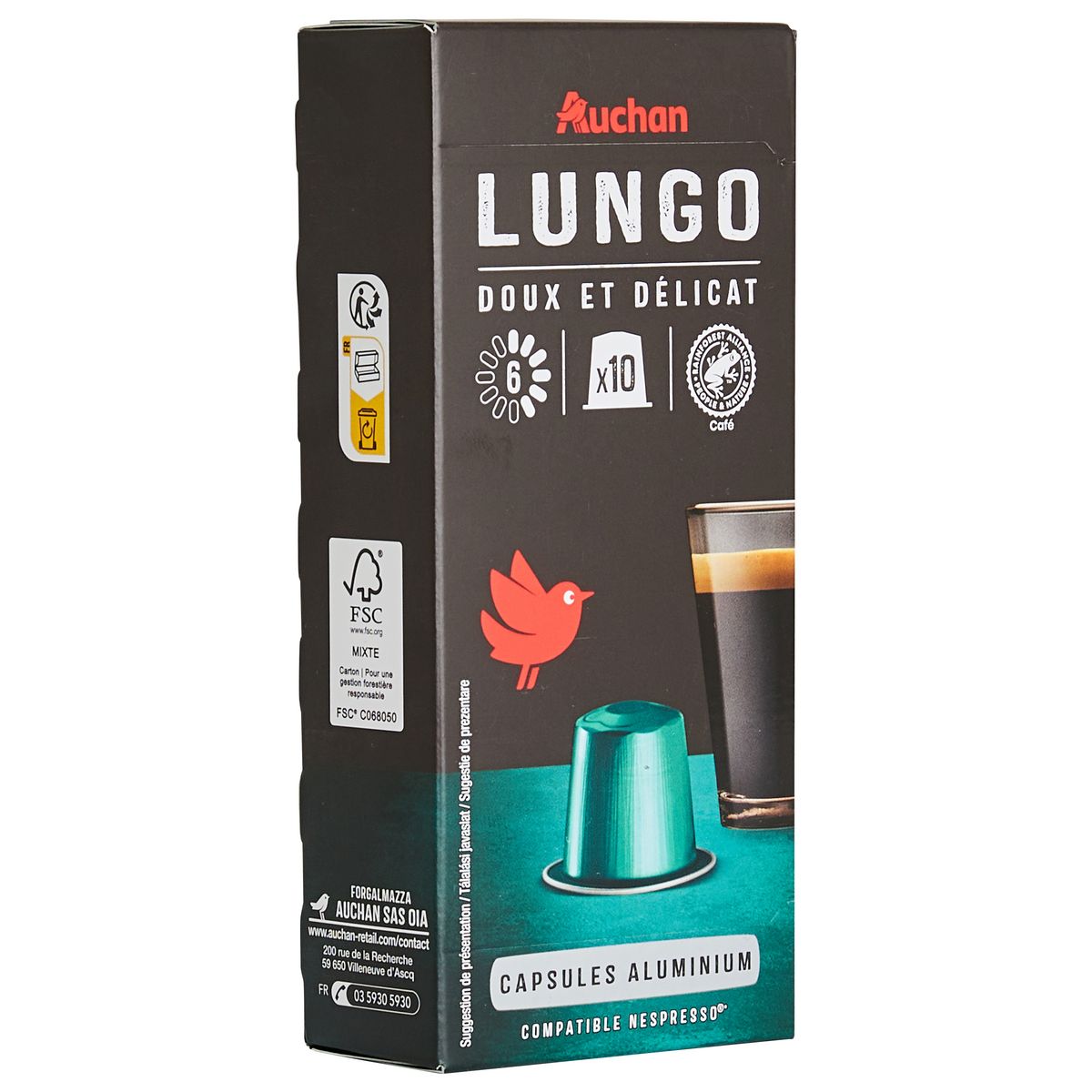 AUCHAN Capsules de café lungo intensité 6 compatibles Nespresso 10 capsules 52g