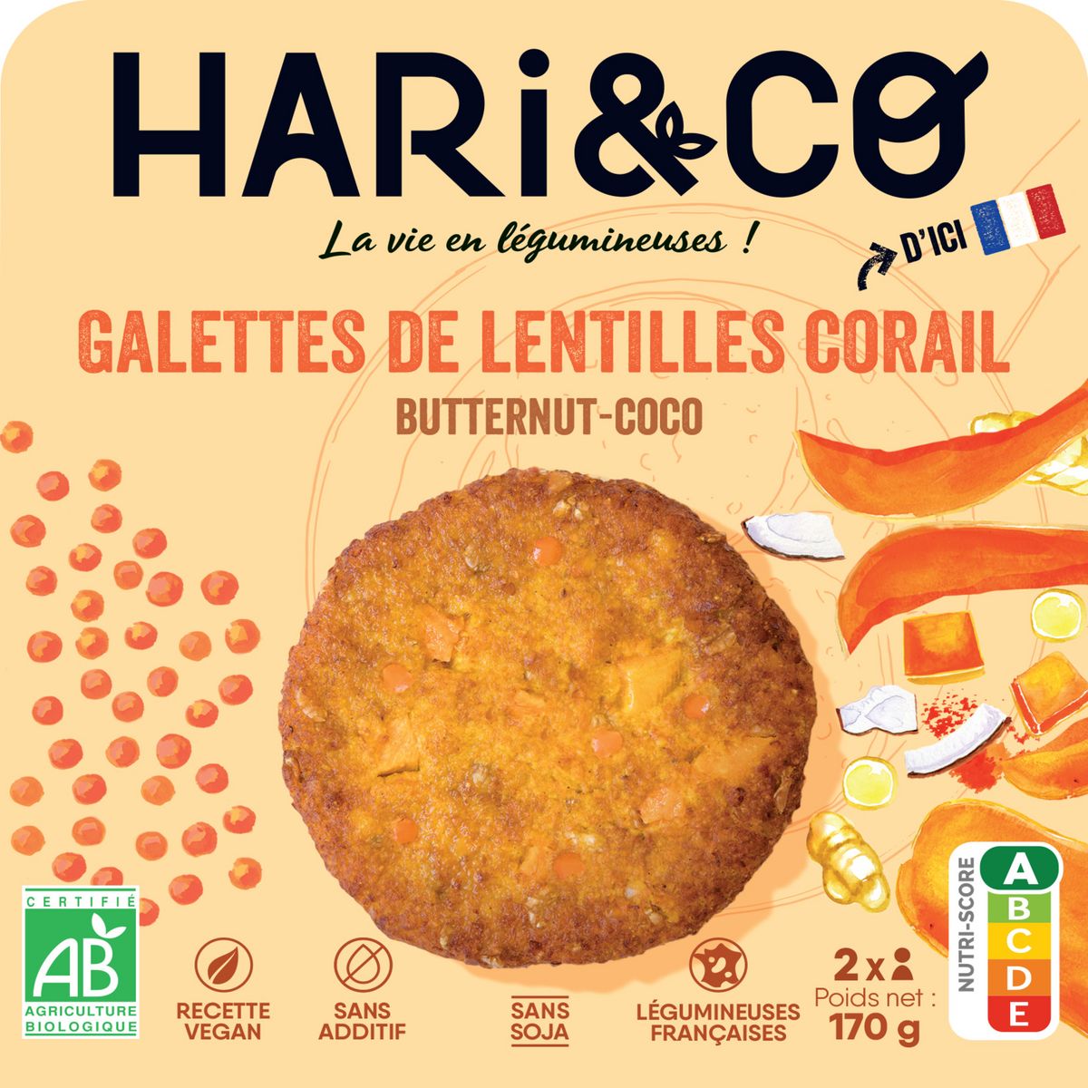 HARI&CO Galettes de lentilles corail au butternut à la coco bio 2 portions 170g