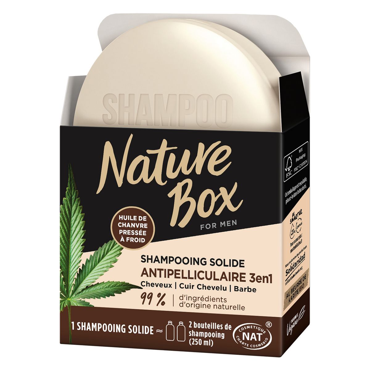 NATURE BOX Shampooing solide antipelliculaire 3en1 pour homme à l'huile de chanvre 85g