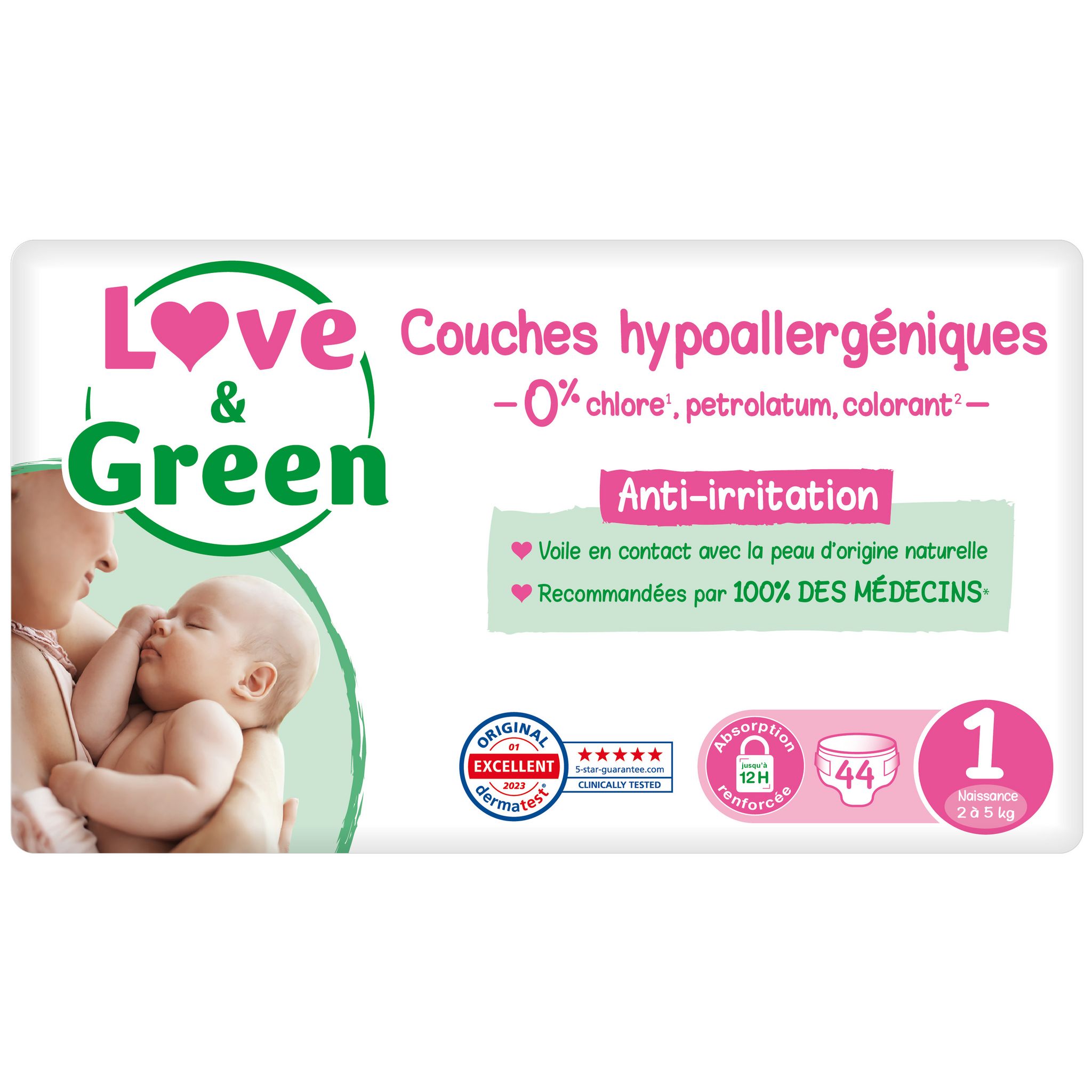 LOVE & GREEN Couches écologiques taille 1 (2-5kg) 44 couches pas