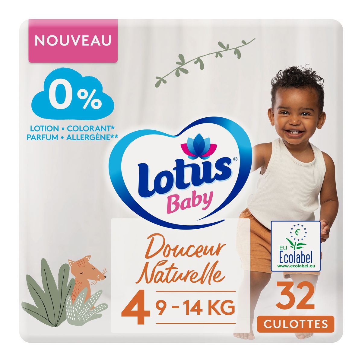 LOTUS BABY Couches Culottes Douceur Naturelle taille 4 - 9 a 14 kg - Le  paquet de 32 - Zoma