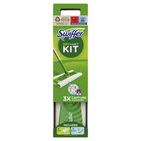 Swiffer - Kit balai attrape-poussière,1 balai,9 Lingettes sèches