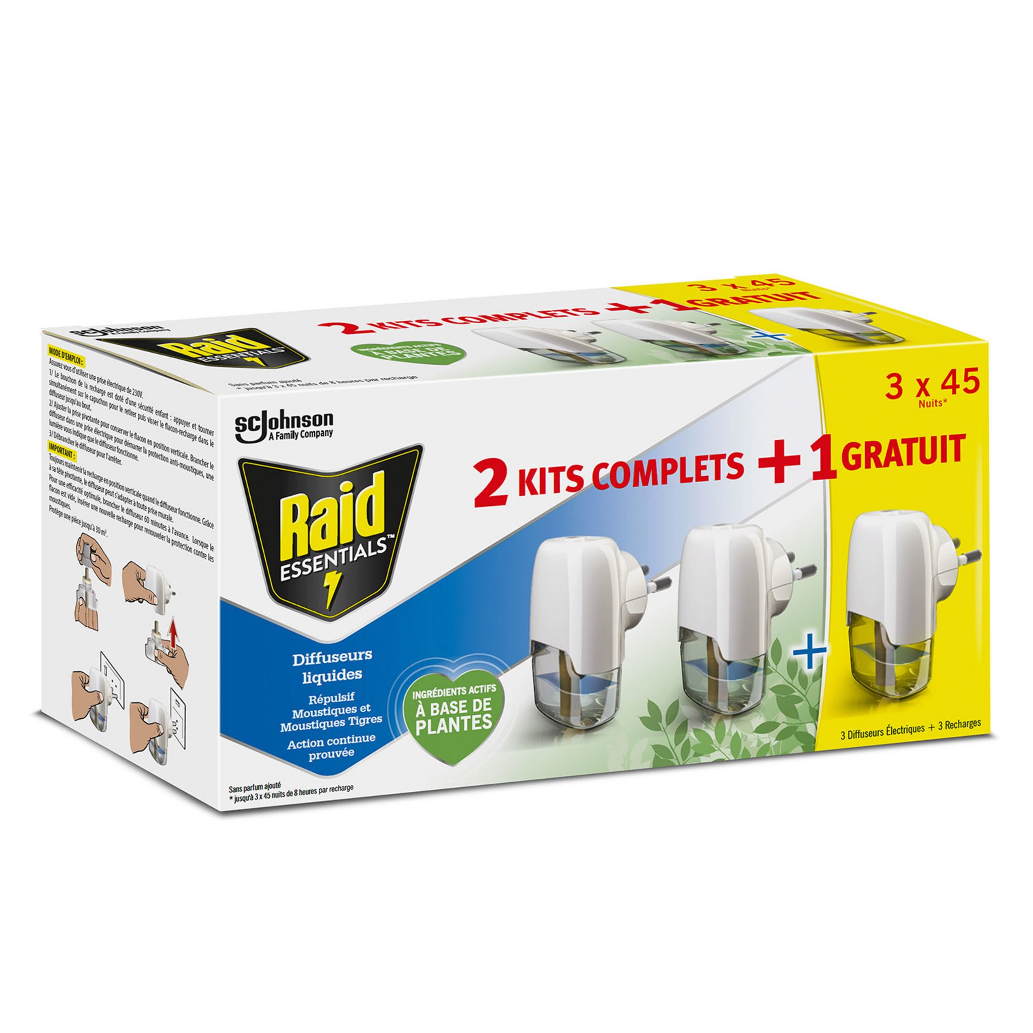 RAID Diffuseurs électrique liquides répulsif moustiques et moustiques  tigres 3x 45 nuits 2kits complets +1 gratuit pas cher 