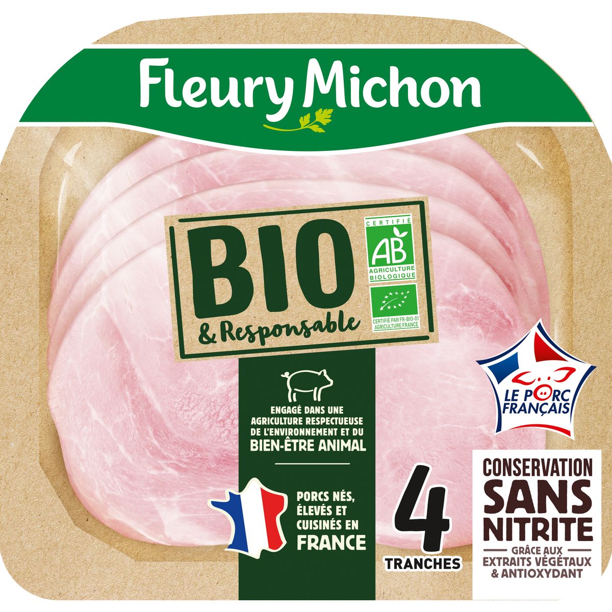 FLEURY MICHON Jambon bio sans nitrite 4 tranches 120g