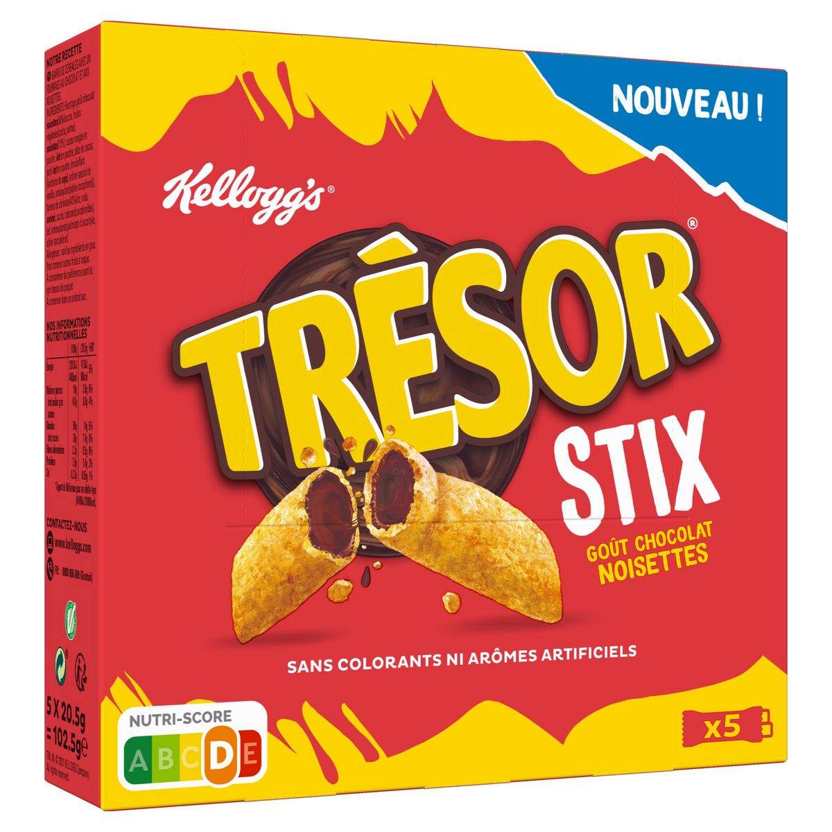KELLOGG'S Trésor Stix barres de céréales chocolat noisettes 5x20.5g