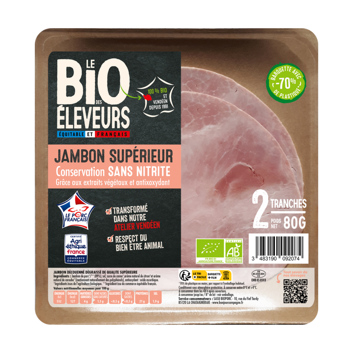 Le Bio Des Eleveurs Jambon Cuit Supérieur Découenné Dégraissé Sans Nitrite 2 Tranches 80g Pas 