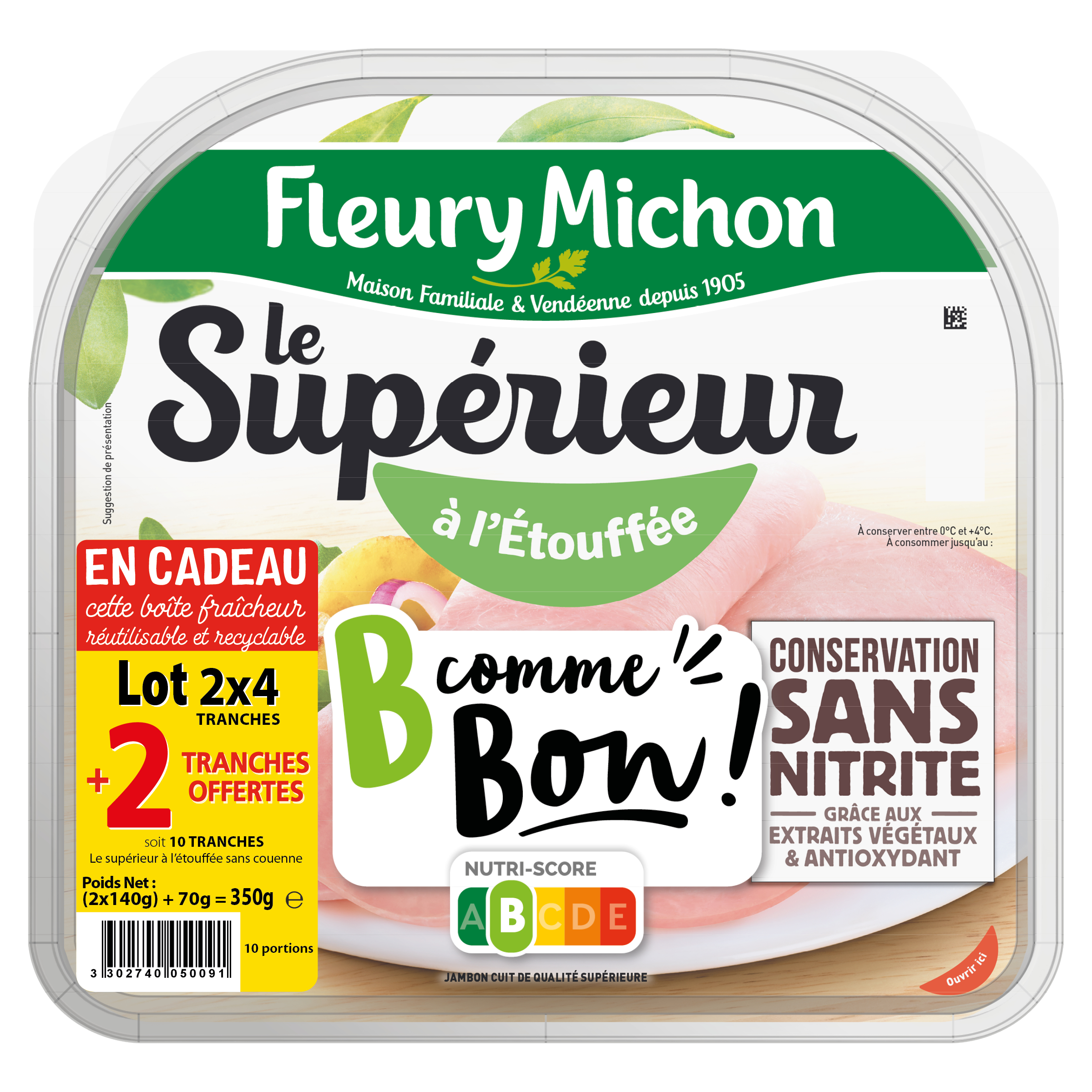 FLEURY MICHON Le supérieur jambon cuit à l'étouffée découenné sans nitrite  avec boîte fraîcheur offerte 2x4 tranches+2 offertes 350g pas cher 